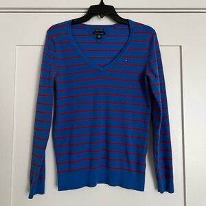 Tommy Hilfiger Sweater Pullover M Pima Cotton V Neck Soft Blue Striped